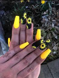 Acrylic Summer Long Black Coffin Nails Yellow Black Matte Nail Polish Sunflowers Drawn Cute Short Nails Long Coffin Nails In 2020 Sunflower Nails Neon Nail Designs Coffin Nails Designs