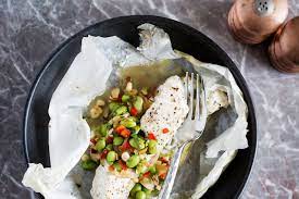 Pacific Halibut En Papillote With Edamame Corn Succotash Cooking With Cocktail Rings
