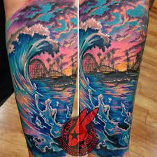 Every artist on staff has his or her own style of tattooing and the range is like no other shop in town. Santacruz Boardwalk Sunset Ca California Coast Wave Water Splash Sea Ocean Sky Clouds Color Best Real Realistic 3d Tattoo Hand Tattoos Tattoo Shop Sky Tattoos