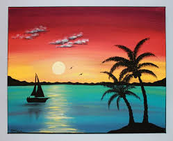 Acrylic painting tutorial sunset beach = in this easy acrylic painting tutorial i am going to teach you how to paint a sunset beach with acrylic paints. Original Acrylic Painting Canvas Paradise Tropical Ocean Palm Trees Island Sailboat Yellow Crimson Purp Sunset Painting Beach Painting Easy Landscape Paintings