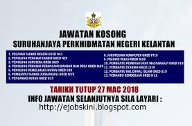 Iklan kerja kosong kerajaan & jawatan kosong terkini kerajaan, spa & swasta. Jawatan Kosong Suruhanjaya Perkhidmatan Negeri Kelantan Spn Kelantan 27 Mac 2018