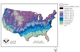 U S Median First Date Of Snowfall Maps On The Web Snow Map Map Weather Underground
