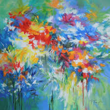 Finally add some yellow paint in the center of your flower in small strokes using your palette knife. Mary Chaplin Flowers By The Riverside Abstract Flower Painting Blue Yellow Red And Green For Sale At 1stdibs