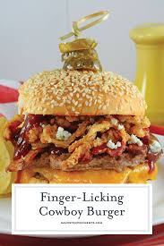Cowboy Burger Is Made Of Double Patties With Cheddar Blue Cheese Onion Strings Bbq Sauce Bacon And Top Grilled Burger Recipes Gourmet Burgers Cowboy Burger