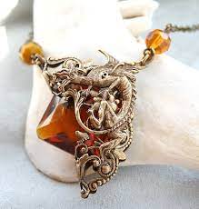 Gothic Necklace Amber Vintage Dragon Necklace Victorian Style Gothic Necklace Vintage Dragon Dragon Necklace