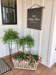 Front Porch Decor With Ferns In Enamels Pots And Address Sign Created By Whimsy And Weathered Front Porch Decorating Front Porch Plants Small Porch Decorating