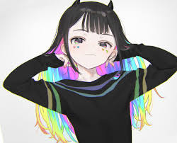 natsuhiko, nanairo multi, beyblade, beyblade x, 1girl, aqua hair, black  eyes, black hair, black shirt, blonde hair, blue hair, blush, facial mark,  green hair, horns, long hair, looking at viewer, multicolored hair,