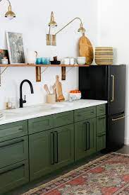 Diy Black Fridge With Brass Pulls Juniper Home Bohemian Kitchen Green Cabinets Studio Kitchen
