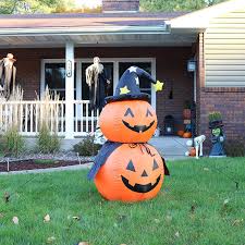 Seasonal Outdoor Blow Up Yard And Garden Decor With Fan Blower And Led Lights 4 Foot Jack O Lantern Duo With Witch Hat Sunnydaze Large Inflatable Halloween Pumpkin Decoration Inflatable Yard Decorations Patio Lawn Garden