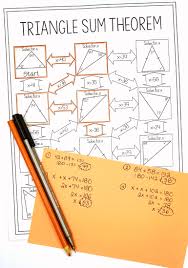 Since triangles have three sides and are closed structures the also have three angles found inside them. Triangle Sum Theorem Worksheet Maze Activity Theorems Triangle Angles Triangle Math