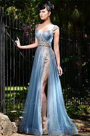 Stilvolle lange blaue formale Abendkleider Online | Tüll kristall sexy  schlitz prom kleider billig | Babyonlinewholesale