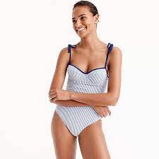 Women S Tipped Seersucker Underwire Shoulder Tie One Piece Swimsuit Women S Swimwear Swimsuits One Piece Swimwear
