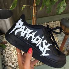 Black Air Forces With White Writing Paradise Grunge Writing Hand Painted Black Nike Air Force 1 Trainer Black Nikes Black Nike Shoes Custom Nike Shoes