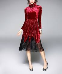 Kaimilan Red Velvet Black Floral Lace Accent Turtleneck Dress Women