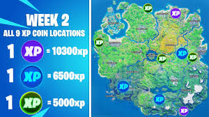 The following went live during week 9 of season 10 on september 26th (thanks to archer_fortnite on twitter for confirming the full list.) All Week 2 Xp Coin Locations All 9 Xp Coins Fortnite Chapter 2 Season 4 Youtube