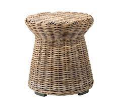 Transitional style wood and woven rattan round end table, brown. Rattan Round Side Table Pottery Barn