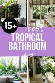 A bold tropical bathroom with green walls, green glazed tiles, a black tub, potted greenery and plants, green towels. 15 Best Tropical Bathroom Decor Ideas Designs For 2021