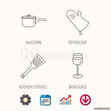 Saucepan Potholder And Wineglass Icons Kitchen Utensils
