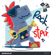 Funny Cartoon T Rex Rock Star Guitar Player Stand On Stage Isolated On White Background Illustration Vector Star Illustration Cartoon Kids Funny Illustration