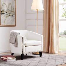 Belleze Modern Nailhead Trim Upholstered Tub Barrel Accent Chair Faux Leather White Walmart Com Leather Accent Chair Accent Chairs Barrel Chair