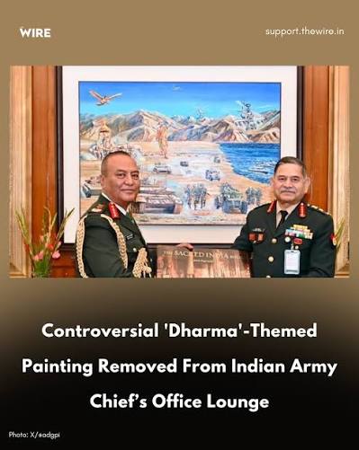 The Mahabharata-inspired painting, that sparked widespread controversy for its overt political, cultural and religious connotations, has now been removed from the Indian Army chief's office lounge in South Block. In a video