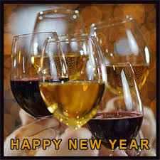 Free New Year Clipart Graphics Illustration of the celebration of the new year with glasses of champagne, fireworks on the background of festive hours.