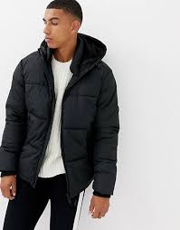 River Island Puffer Jacket With Hood In Black Mens Winter Fashion Black Puffer Jacket Jackets
