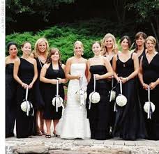 Stunning floral pomander ball bouquets. Pin By Miss Heidi On Wedding Pomander Flower Balls Black Bridesmaid Dresses White Bridesmaid Dresses Black And White Wedding Theme