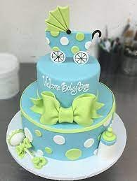 Green Blue Baby Carriage Cake Baby Shower Cakes Baby Shower Cakes For Boys Shower Cakes
