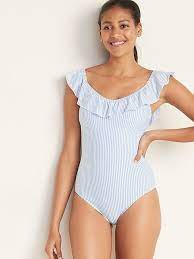 Ruffled Seersucker Stripe Off The Shoulder Swimsuit For Women Old Navy Trendy Swimsuits Off The Shoulder Swimsuit Swimwear