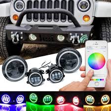 Ip67 rated shockproof and waterproof extremely easy to install on jeeps and harleys Amazon Com Maiker Compatible With 7 Led Headlights With Rgb Halo 4 Led Fog Lights Combo Kit Wrangler 1997 2017 Jk Tj Lj Front Bumper Lamp Driving Lights With Cell Phone App Bluetooth Remote