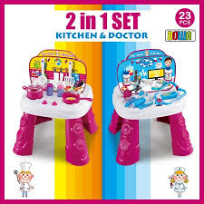 Activity pads, building kits, collectible toys, puppets 2 In 1 Kids Kitchen Doctor Kits Pretend Toy Table Play Set W Accessories Pink And White Crazy Sales