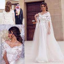 Discountdubai Lace Cape Style Wedding Dresses 2017 Bateau Neck 3d Flower Lace Maternity Destination Arabic Dress A Line Bridal Gowns Custom Made From Sexypromdr