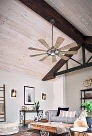 This 65in Led Gentry Ceiling Fan Knows How To Make An Impact Both Visually And With Impress Vaulted Ceiling Living Room Living Room Ceiling Wood Beam Ceiling