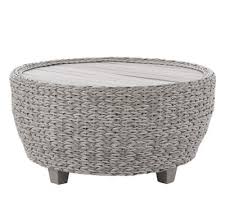 Cambridge brown rectangular wicker outdoor patio coffee table with faux wood table top featuring a boho style, this hampton bay featuring a boho style, this hampton bay cambridge outdoor coffee table is cozy and durable. Hampton Bay 36 In Megan Grey All Weather Wicker Outdoor Patio Large Round Coffee Table With Slatted Wood Top 65 51751l The Home Depot Slatted Wood Coffee Table Outdoor Coffee Tables