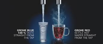 Faucet with separated inner water ways for unfiltered tap and filtered drinking water, turnable by 150°. Grohe Water Systems Perfectly Chilled Sparkling Or Boiling Hot Water Grohe Grohe Ag Company Page