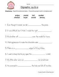 A worksheet that focuses on handwriting and vocabulary activities relating to the digraph 'oi'. Oi Oy Digraphs Worksheet Have Fun Teaching
