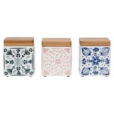 1 snack canister, 1 cookie canister, 1 flour canister, 1 sugar canister, 1 tea canister and 1 coffee canister. Ladelle Dwell Mini Stoneware Canister Set Of 3 Multicolour Myhouse
