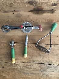 Vintage Ekco/AJ Kitchen Tools-Lot of 4- Wooden Chippy Paint-Potato Masher,  Can Opener, Peeler, Beater