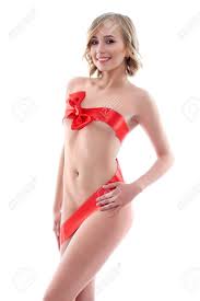 赤いリボンを身に着けている彼女の体にセクシーな裸の女性の写真素材・画像素材 Image 91090688
