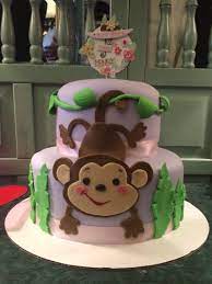 Monkey Baby Shower Tiered Cake For Baby Girl Fondant Monkey Leaves And Vines Girl Shower Cake Baby Shower Cakes Girl Baby Shower Cakes For Boys