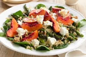 Barbecued Asparagus Salad With Spinach Quinoa Goat Cheese And Peaches Recipe Asparagus Salad Vegetarian Recipes Healthy Recipes