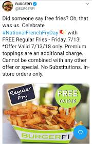Pinned July 13th Free Fries Today At Burgerfi Restaurants Thecouponsapp Shopping Coupons Free Fry National French Fry Day