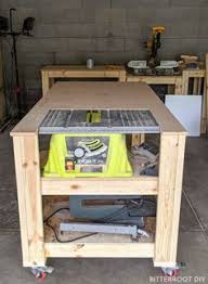 Mobile Workbench With Table Saw Bitterroot Diy In 2020 Table Saw Workbench Diy Table Saw Home Made Table Saw