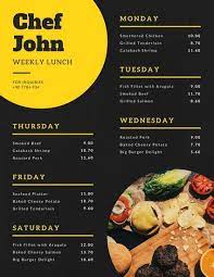 Yellow Black Photo Lunch Weekly Menu Poster Makanan Desain Menu Makanan