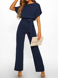 Besonders wird das kleidungsstück durch einen gürtel, der an der taille gebunden wird und diese dezent betont. Marineblau Cut Out Mit Bindegurtel Rundhals Kurzarm Elegant Weites Bein Jumpsuit Hosenanzug Damen Mode Overalls Unterteile