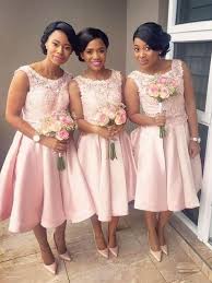 Pink Bridesmaid Dresses 2020 Knee Length Lace Applique Sleeveless Satin Custom Wedding Guest Dress In 2020 Tea Length Bridesmaid Dresses African Bridesmaid Dresses Pink Bridesmaid Dresses Short