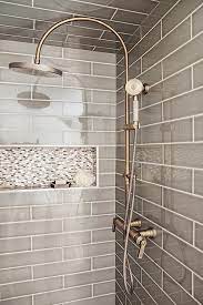 Exciting tile shower corner shelf with floating vanity next to wave bathroom tiles alongside with sho bathtub shower combo bathroom layout bathroom. Gray Shower Tiles With Vintage Style Exposed Plumbing Shower Head Transitional Bathroom Farmhouse Shower Tile Shower Niche Bathroom Shower Tile