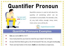 To understand which quanifier to use, you need to know countable and uncountable nouns. Quantifier Pronoun Examples And Definition Englishgrammarsoft