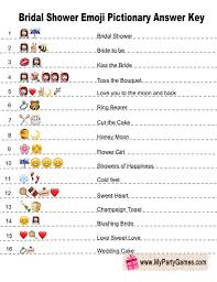 Free Printable Emoji Pictionary Bridal Shower Game Answer Key Bridal Shower Games Funny Printable Bridal Shower Games Bridal Shower Games Free Printables